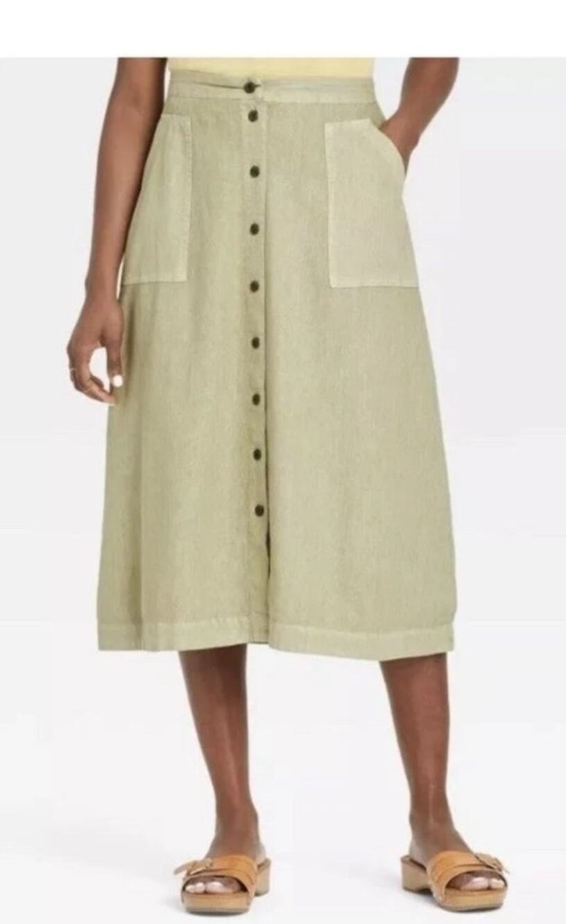 Universal Thread Linen Blend Midi Skirt Sage Green S